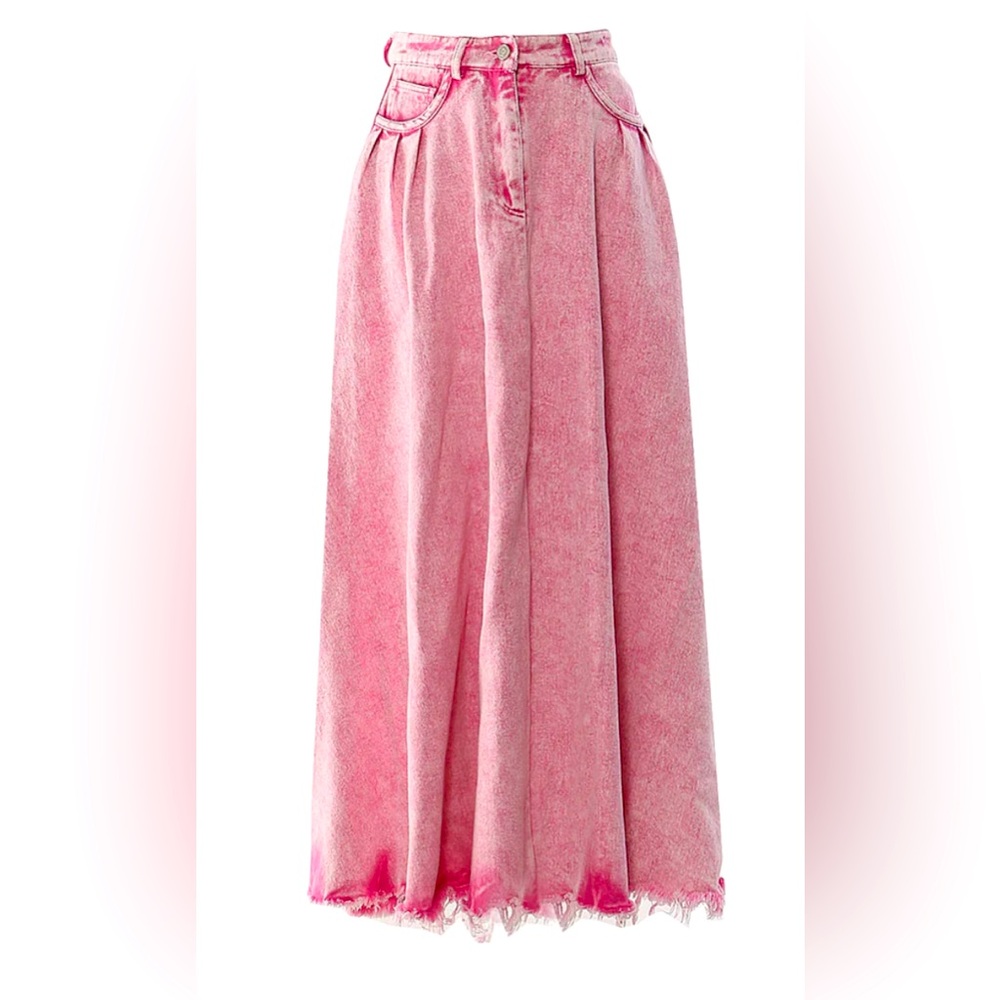 Vintage Pink High Waist Raw Hem Frilled Faded Acid Wash Maxi Denim Skirt